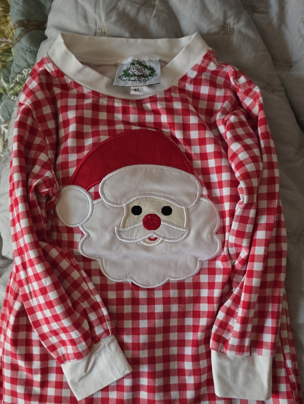 Smocked Santa Applique Red Gingham Kids Top - C&L